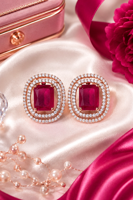 Rose gold ruby halo stud earrings 1