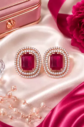 Rose gold ruby halo stud earrings