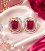 Rose gold ruby halo stud earrings