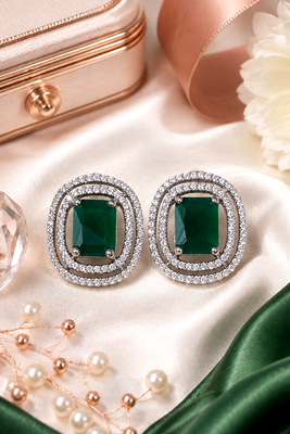 Rhodium green halo stud earrings 1