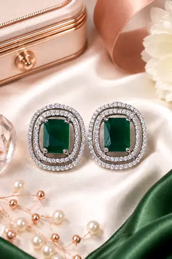 Rhodium green halo stud earrings