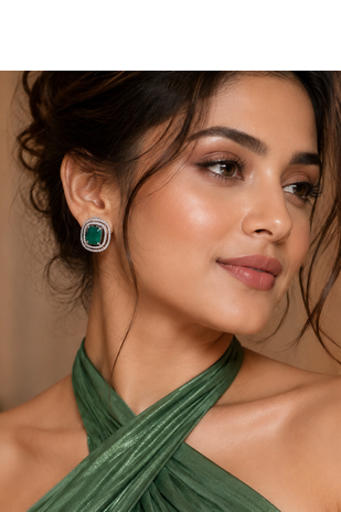 Rhodium green halo stud earrings 2