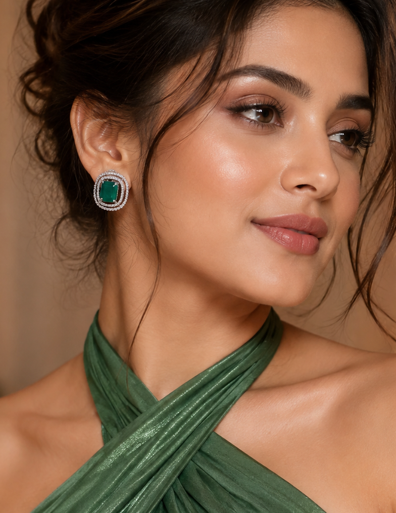 Rhodium green halo stud earrings