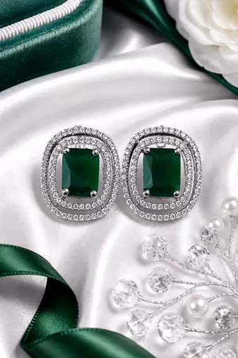 Rhodium green halo stud earrings
