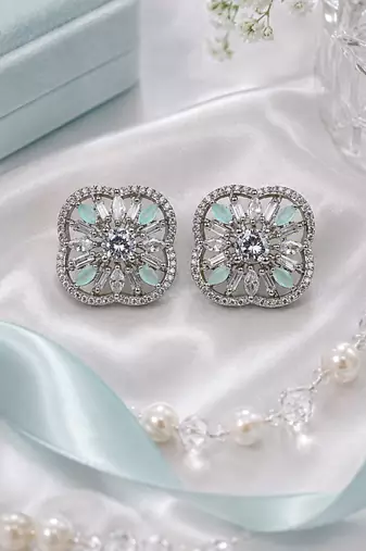 Rhodium Mint Floral Sparkle Earrings