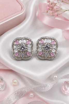 Rhodium pink floral sparkle earrings 1