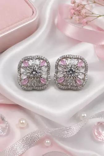 Rhodium pink floral sparkle earrings