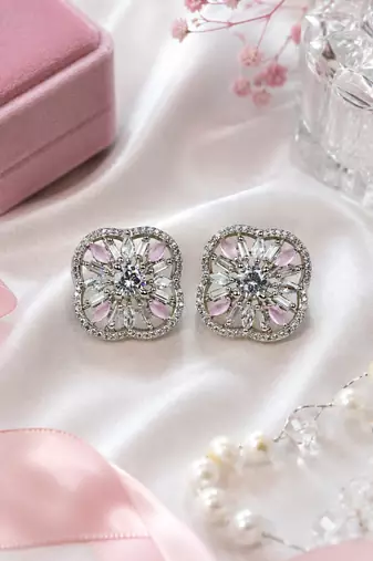 Rhodium pink floral sparkle earrings