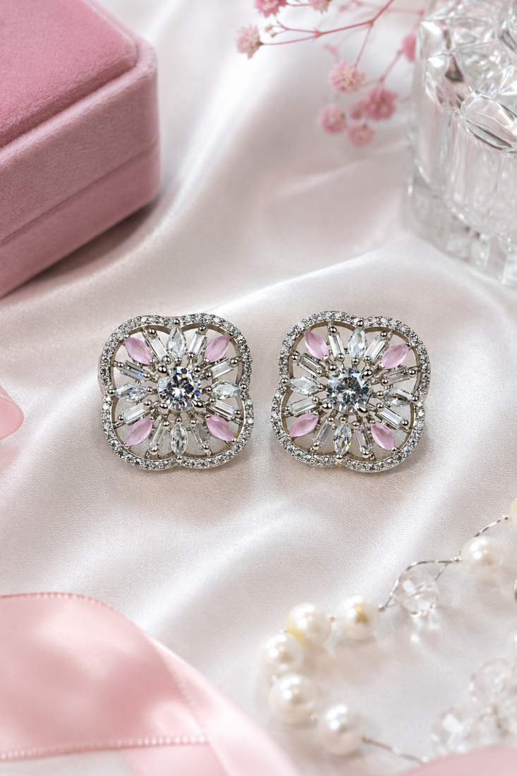 Rhodium pink floral sparkle earrings