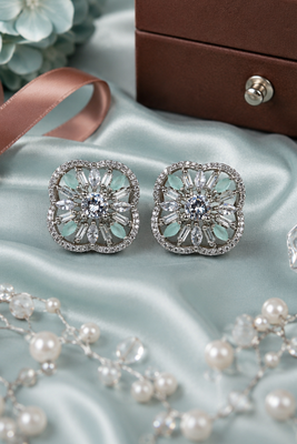 Rhodium Mint Floral Sparkle Earrings 3