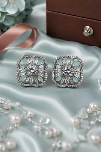 Rhodium Mint Floral Sparkle Earrings