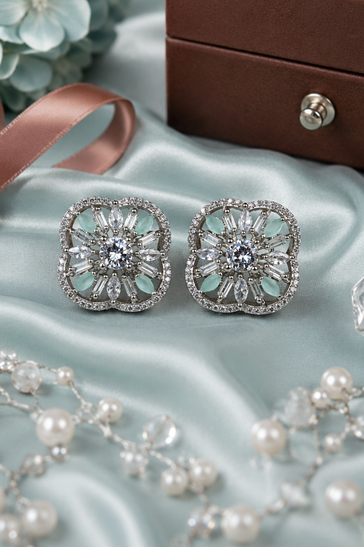 Rhodium Mint Floral Sparkle Earrings