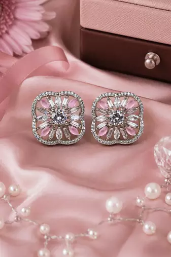 Rhodium pink floral sparkle earrings