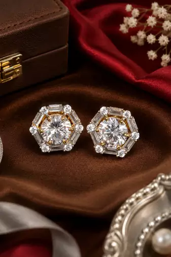 Gold Sparkle Halo CZ Stud Earrings