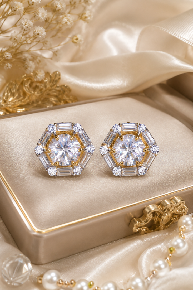 Gold Sparkle Halo CZ Stud Earrings
