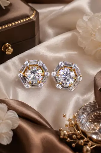 Gold Sparkle Halo CZ Stud Earrings