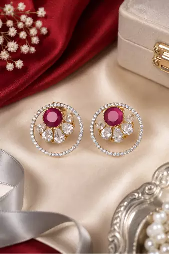 Gold Ruby Floral Sparkle Earrings