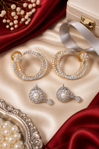 Gold and Rhodium Two Pairs Earring Set