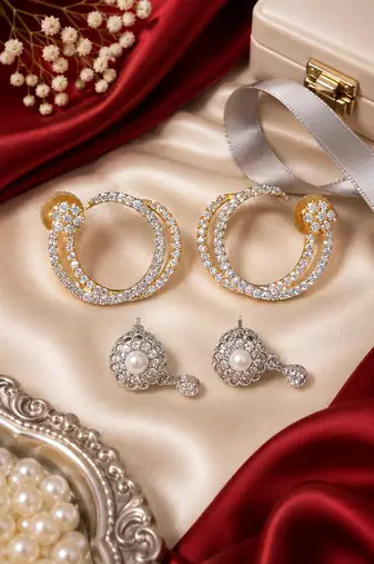 Gold and Rhodium Two Pairs Earring Set