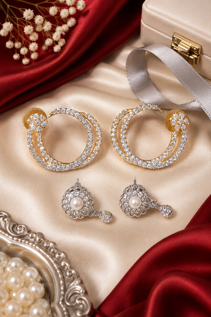 Gold and Rhodium Two Pairs Earring Set