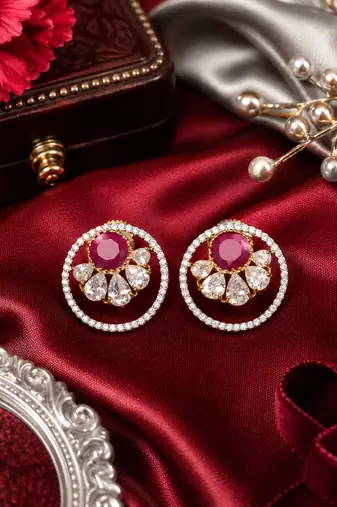 Gold Ruby Floral Sparkle Earrings