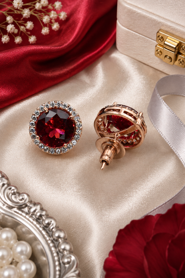 Rose Gold Ruby Crystal Stud Earrings