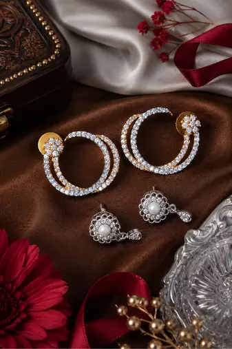 Gold and Rhodium Two Pairs Earring Set