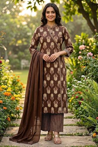 coffee brown block printed cotton angrakha-style straight kurta set