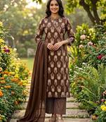 coffee brown block printed cotton angrakha-style straight kurta set