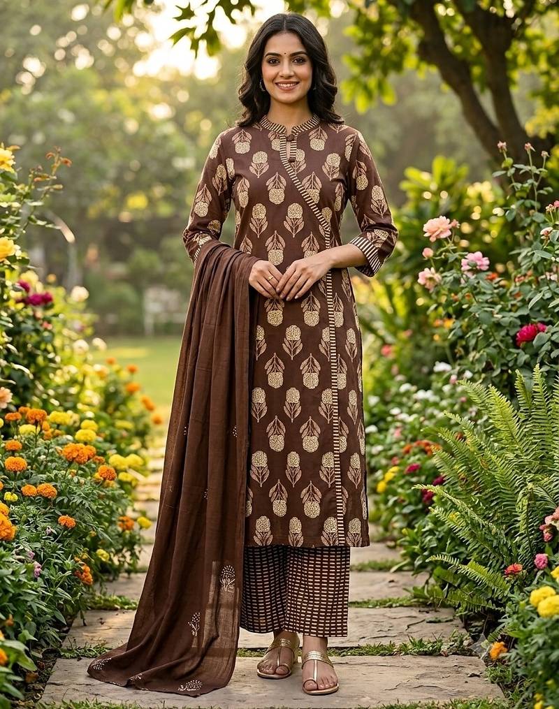 coffee brown block printed cotton angrakha-style straight kurta set