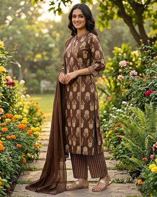 coffee brown block printed cotton angrakha-style straight kurta set 5