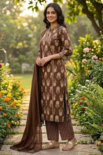 coffee brown block printed cotton angrakha-style straight kurta set