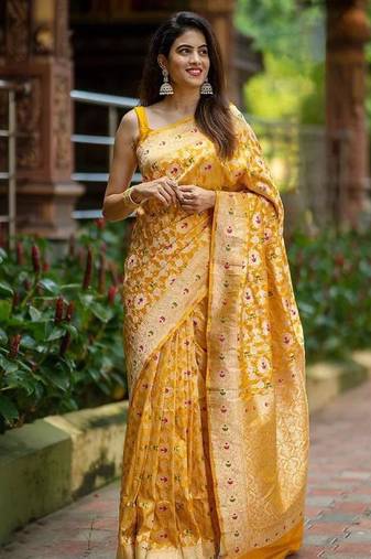 Yellow color art silk blend sarees with blouse
