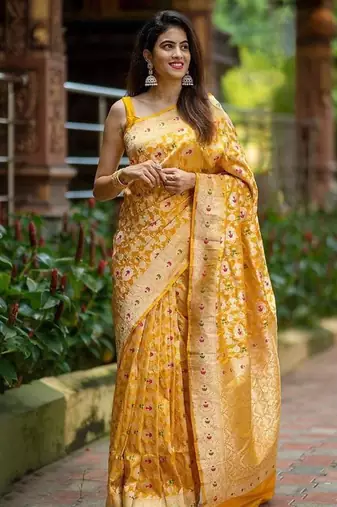 Yellow color art silk blend sarees with blouse