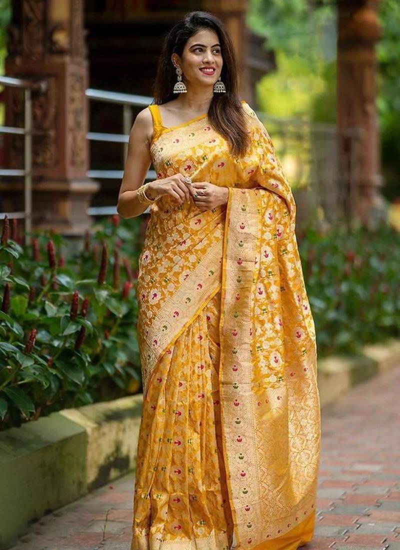 Yellow color art silk blend sarees with blouse