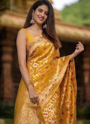 Yellow color art silk blend sarees with blouse 3
