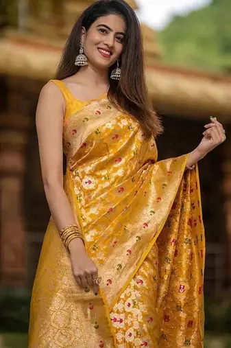Yellow color art silk blend sarees with blouse