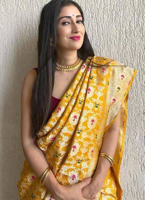 Yellow color art silk blend sarees with blouse 4