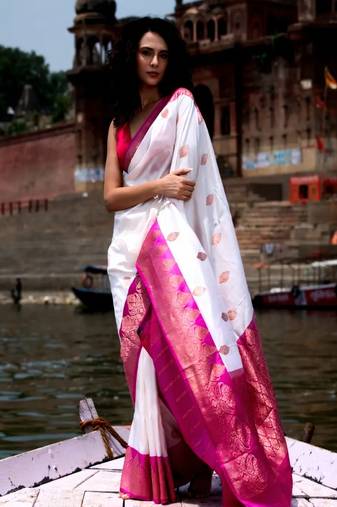White Rani color silk blend sarees with blouse