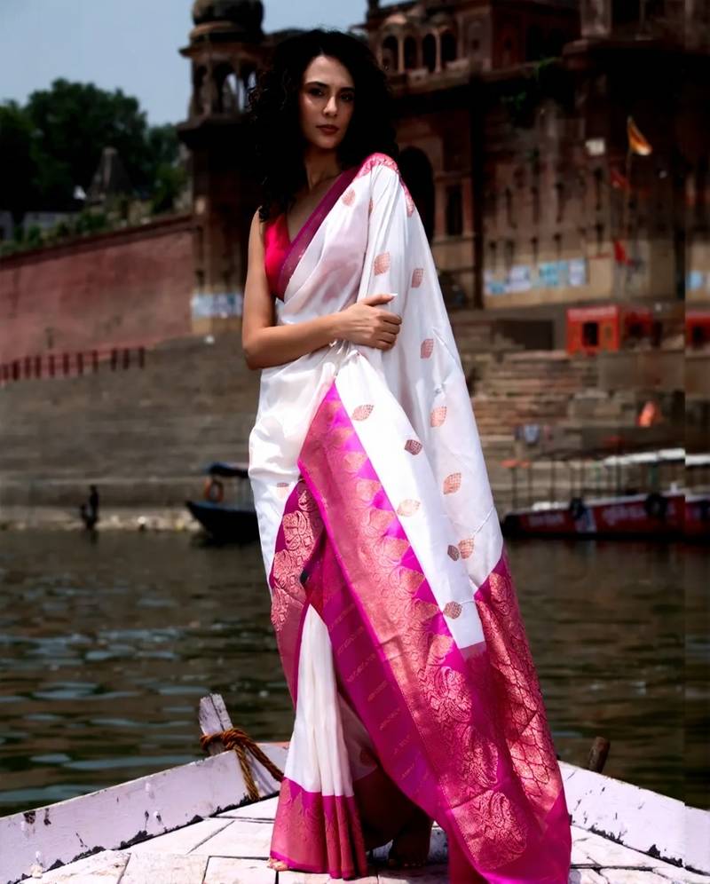White Rani color silk blend sarees with blouse