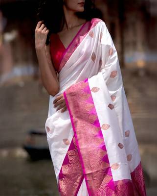 White Rani color silk blend sarees with blouse 2