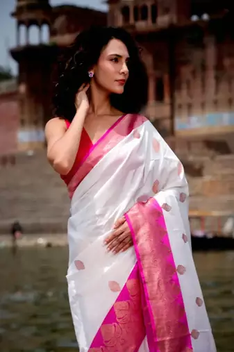 White Rani color silk blend sarees with blouse