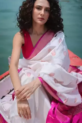 White Rani color silk blend sarees with blouse