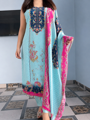 sky blue color digital print and hand embroidery silk blend salwar suit 1