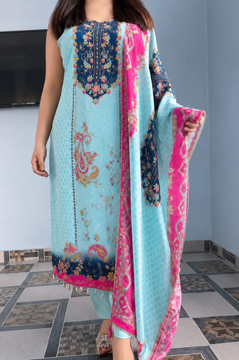sky blue color digital print and hand embroidery silk blend salwar suit