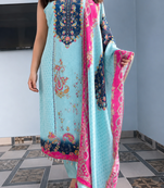 sky blue color digital print and hand embroidery silk blend salwar suit