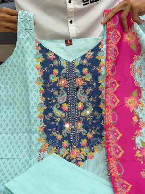 sky blue color digital print and hand embroidery silk blend salwar suit 2