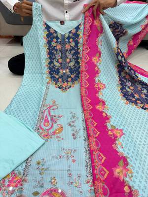 sky blue color digital print and hand embroidery silk blend salwar suit 4