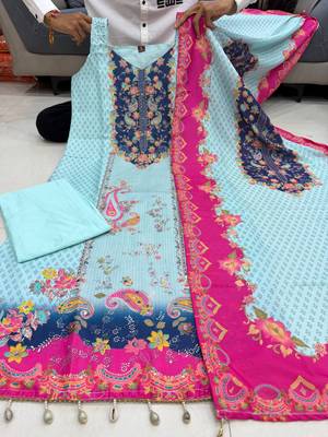 sky blue color digital print and hand embroidery silk blend salwar suit 5