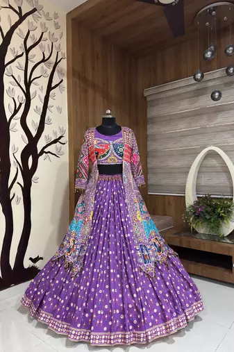Purple Silk Navratri Lehnega Choli With Koti